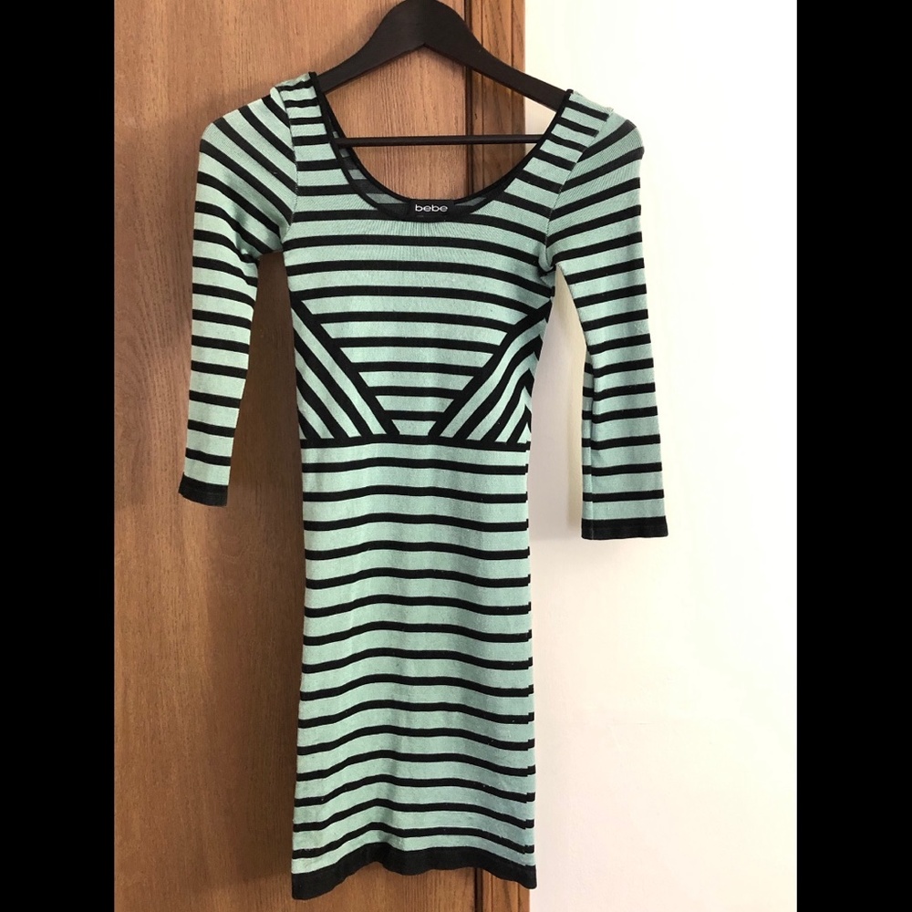 Bebe Green and Black Stripped Dress Small S
